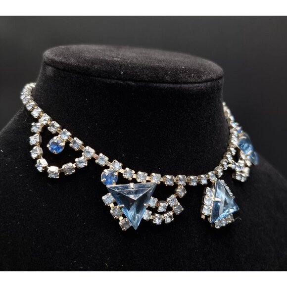 Vintage 1960s Blue Rhinestones Necklace & Bracelet Set With Triangular & Round S - Picture 5 of 5